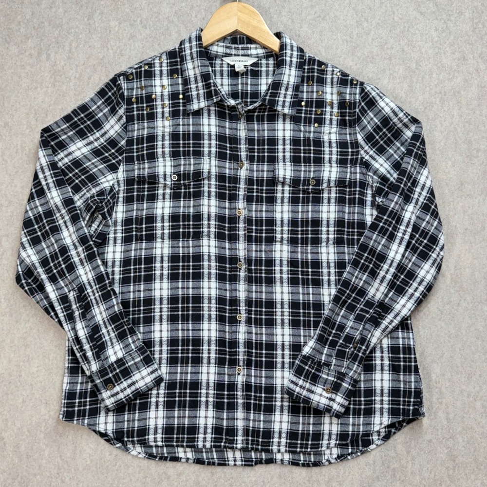 Lucky Brand Womens Black White Plaid Studded Flannel Shirt Western Sz L Festival